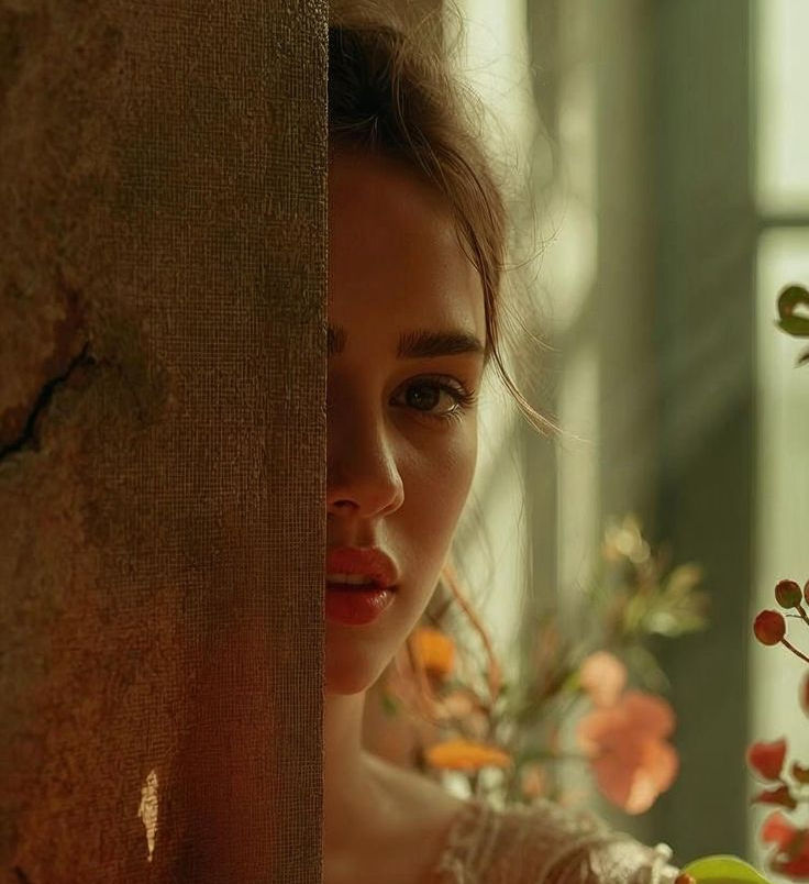 Mulher parcialmente escondida atrás de uma porta, olhando atentamente para a câmera, em um ambiente iluminado por luz natural e cercado por flores em tons terrosos.