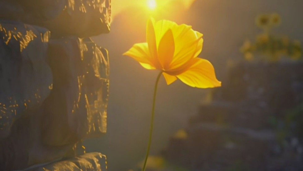 uma flor amarelo nascendo de uma pedra com o pôr do sol ao fundo