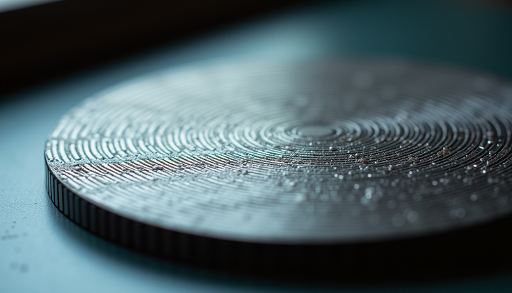 Close-up view of a Chladni plate displaying intricate geometric patterns formed by sound vibrations