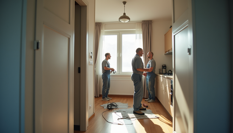 Vista em ângulo médio de equipe realizando manutenção em apartamento alugado