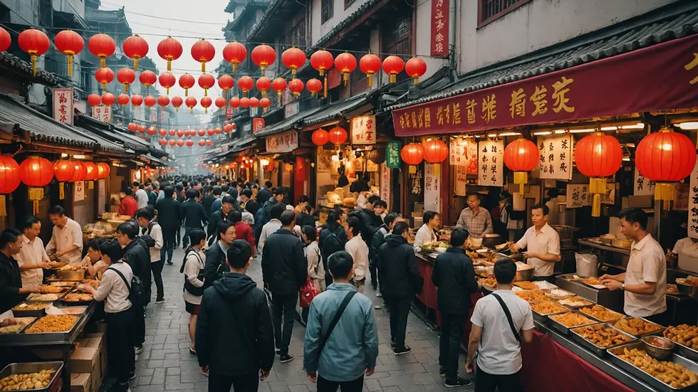 Wide angle view of a bustling Chinatown street food market