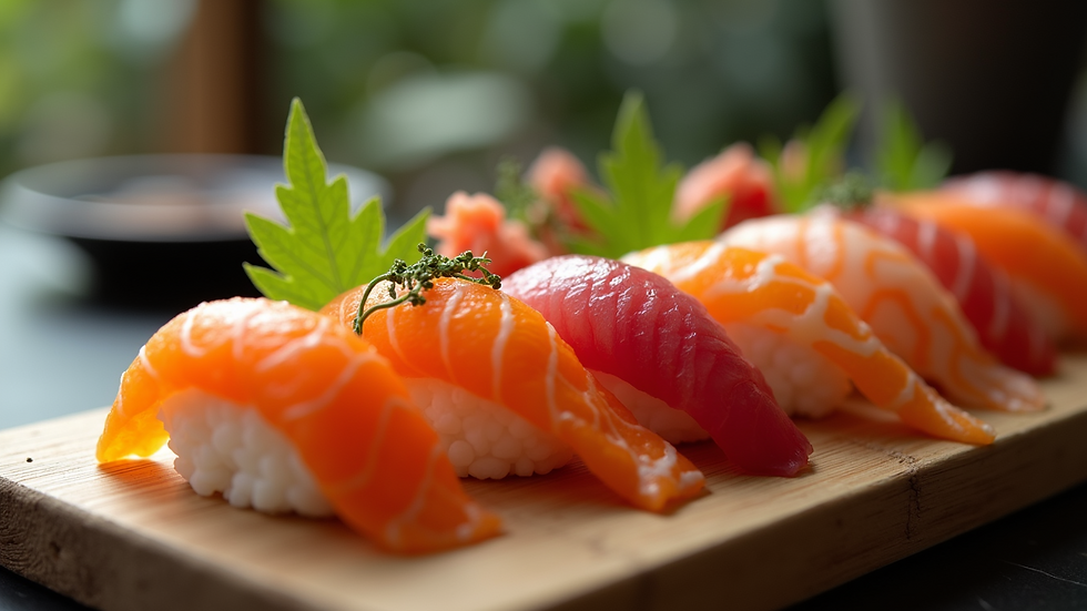 Close-up view of colorful sushi platter