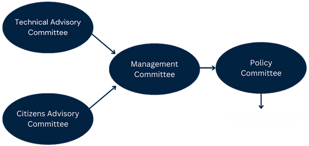 Committee hierarchy graphic with technical advisory and citizens advisory reporting to management, and management reporting to policy