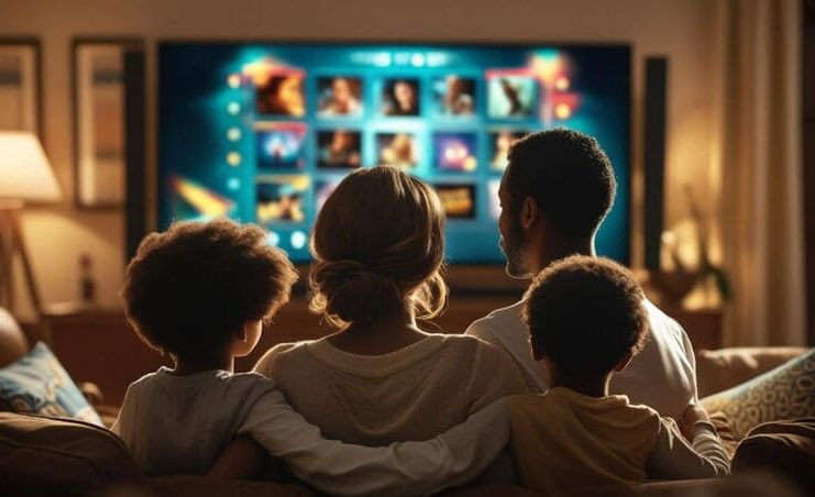 Zwei Kinder, Mutter und Vater schauen im Wohnzimmer fernsehen