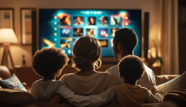 Zwei Kinder, Mutter und Vater schauen im Wohnzimmer fernsehen