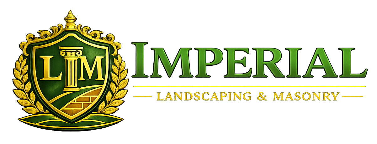 Imperial Landscaping & Masonry logo, green gold shield with the letters L M.