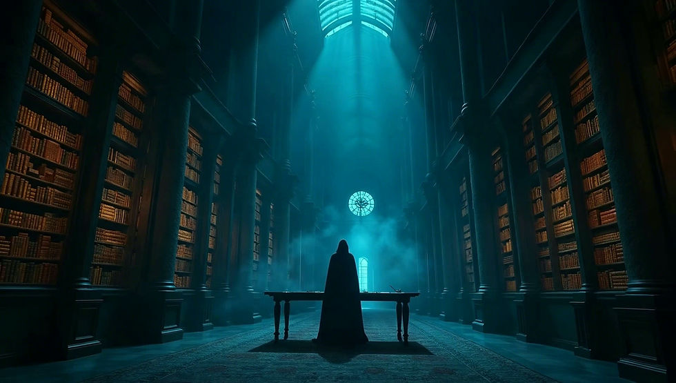 Mage avec livre maudit dans une bibliothèque