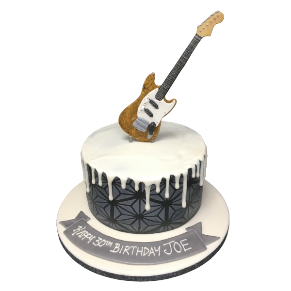Modern geometric cake with fondant guitar topper, perfect for music lovers. Handcrafted in intricate detail, ideal for birthdays or special occasions.
