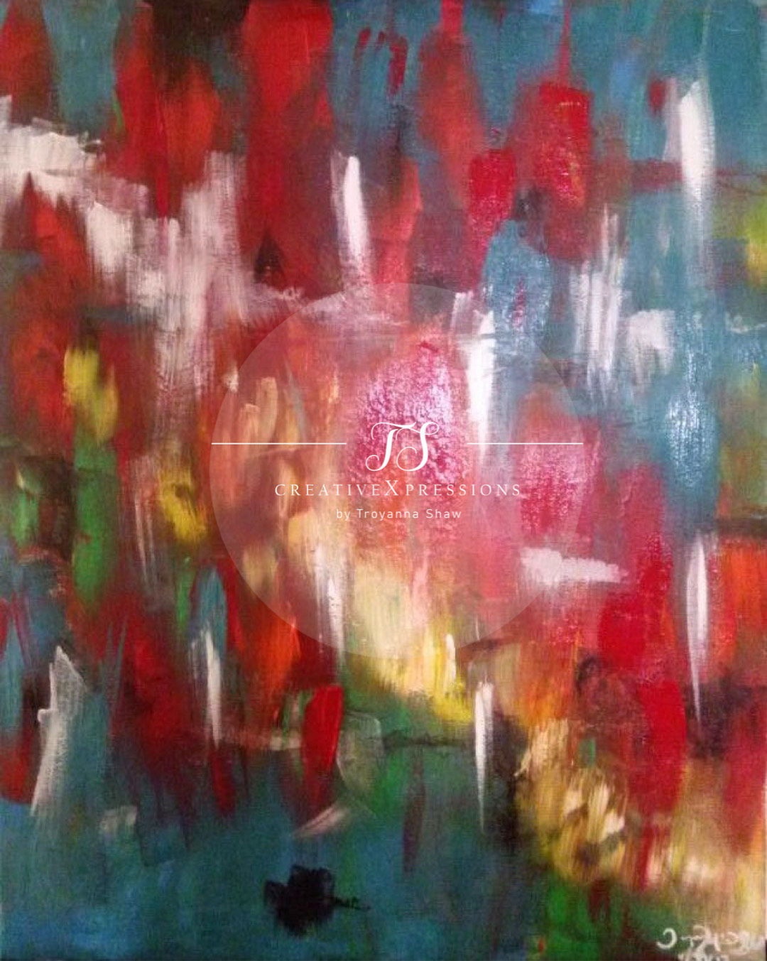 AcrylicXpression titled Where Fire Meets Water — abstract composition blending fiery warm tones with flowing cool blues, symbolizing resilience, healing, and the harmony of opposites through faith. Artwork by CreativeXpressions.
