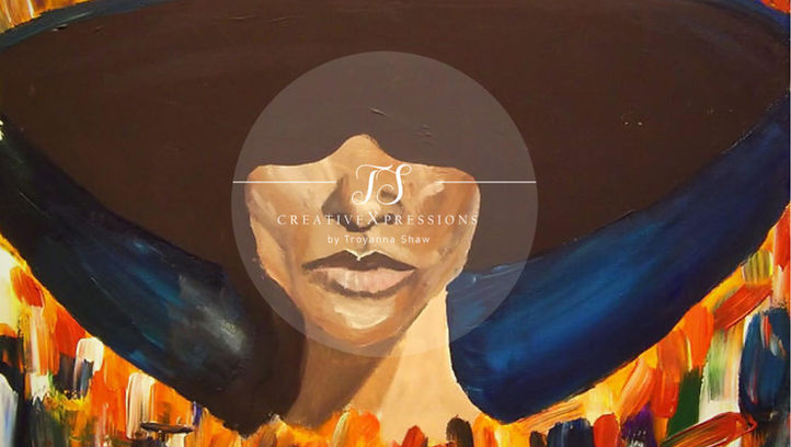 AcrylicXpression titled Lady of Grace — portrait of a woman wearing a large hat surrounded by bold orange, yellow, and blue brushstrokes, symbolizing poise, grace, and feminine strength. Artwork by CreativeXpressions.