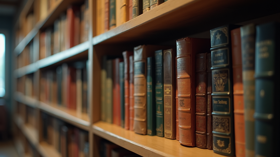 Eye-level view of a bookshelf filled with various literary works