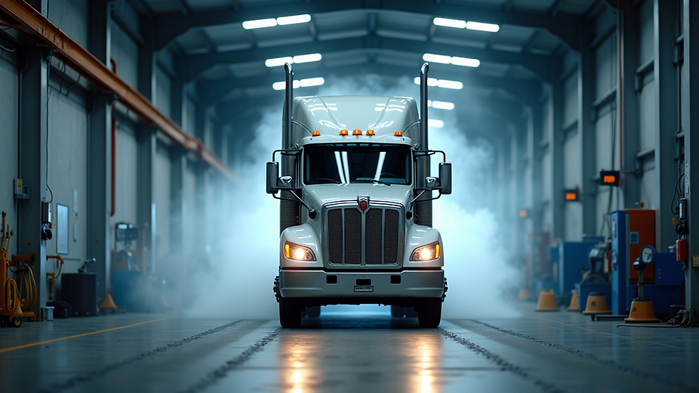 Eye-level view of a heavy-duty diesel truck undergoing an emissions test
