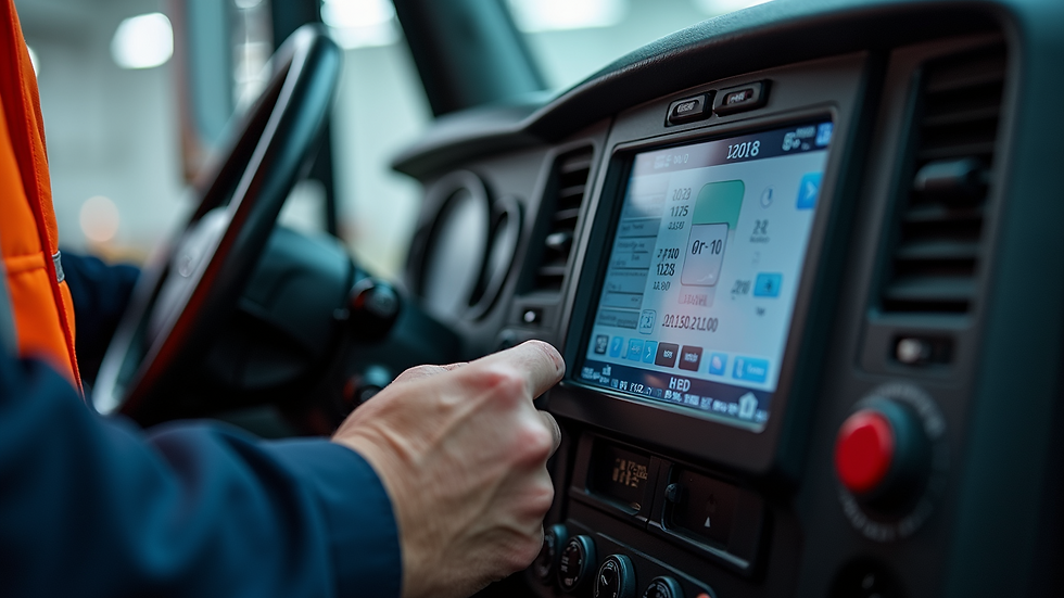 Close-up view of a technician performing OBD testing on a diesel truck