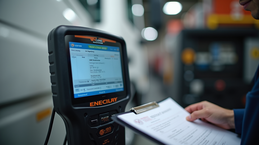 Close-up of a CARB-credentialed OBD testing device connected to a diesel truck