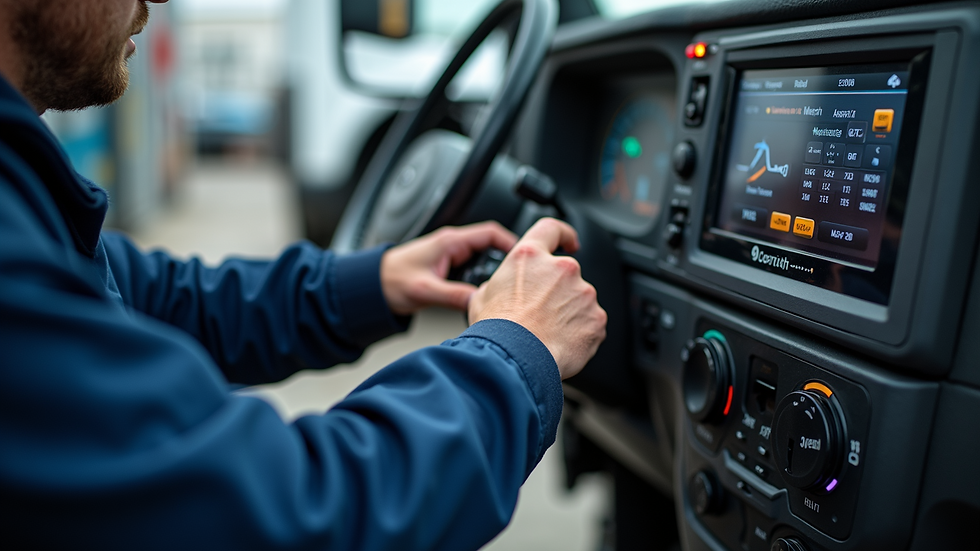 Close-up view of a technician performing CARB-credentialed OBD testing on a diesel truck