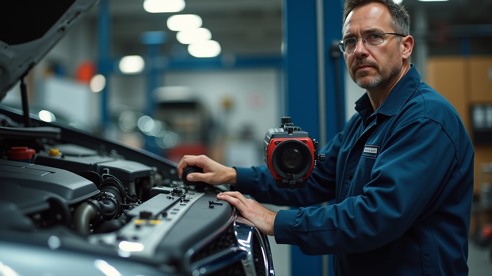 Eye-level view of a mechanic using a VIN scanner on a car
