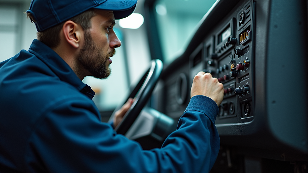 Close-up view of a technician performing OBD emissions testing on a diesel truck