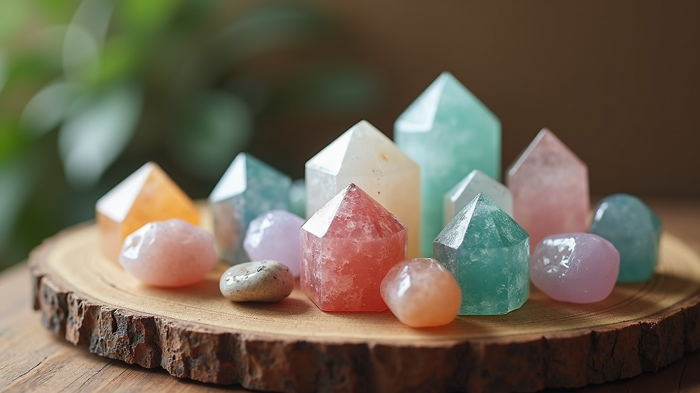 Close-up view of various healing crystals arranged on a wooden surface