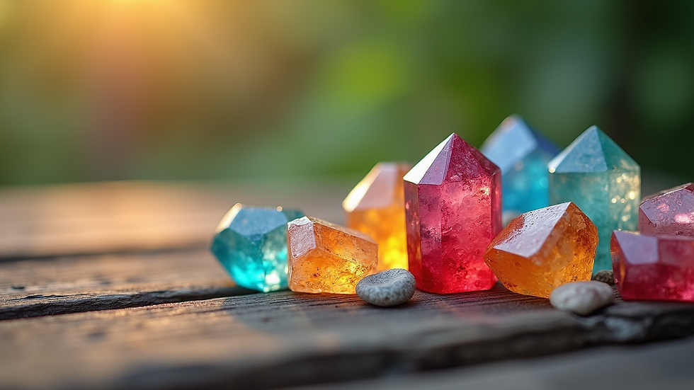 Close-up view of a collection of colorful crystals on a wooden surface