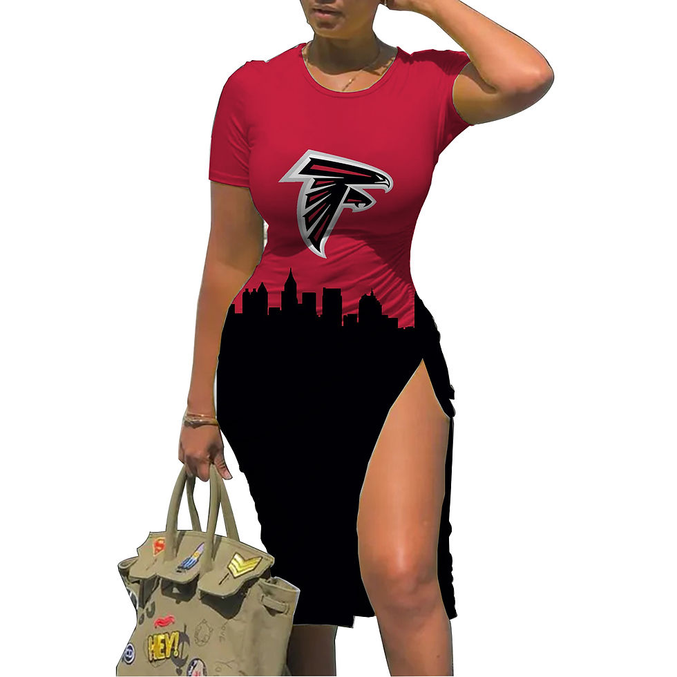 Thumbnail: Red dress with Atlanta Falcons logo and city skyline print