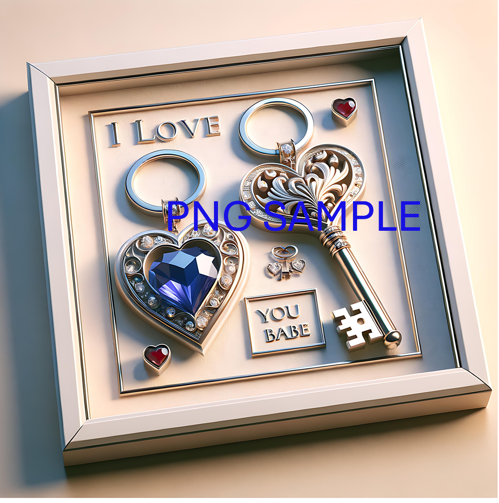 Ornate key and heart keychains; "I Love You Babe"