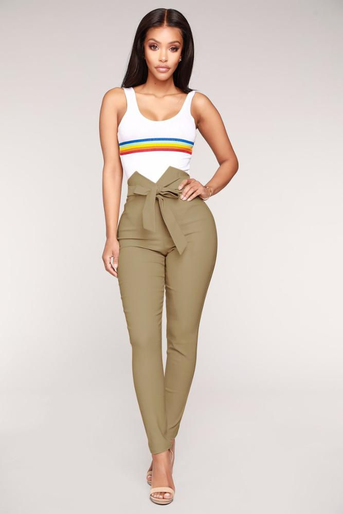 Thumbnail: Woman in khaki high-waisted pants with a tie waist