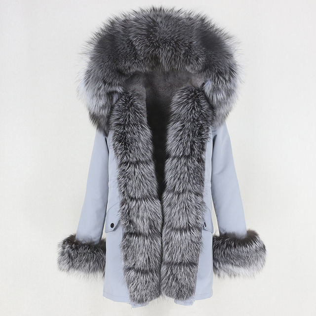 Miniature : Stylish light blue parka with grey fox fur trim