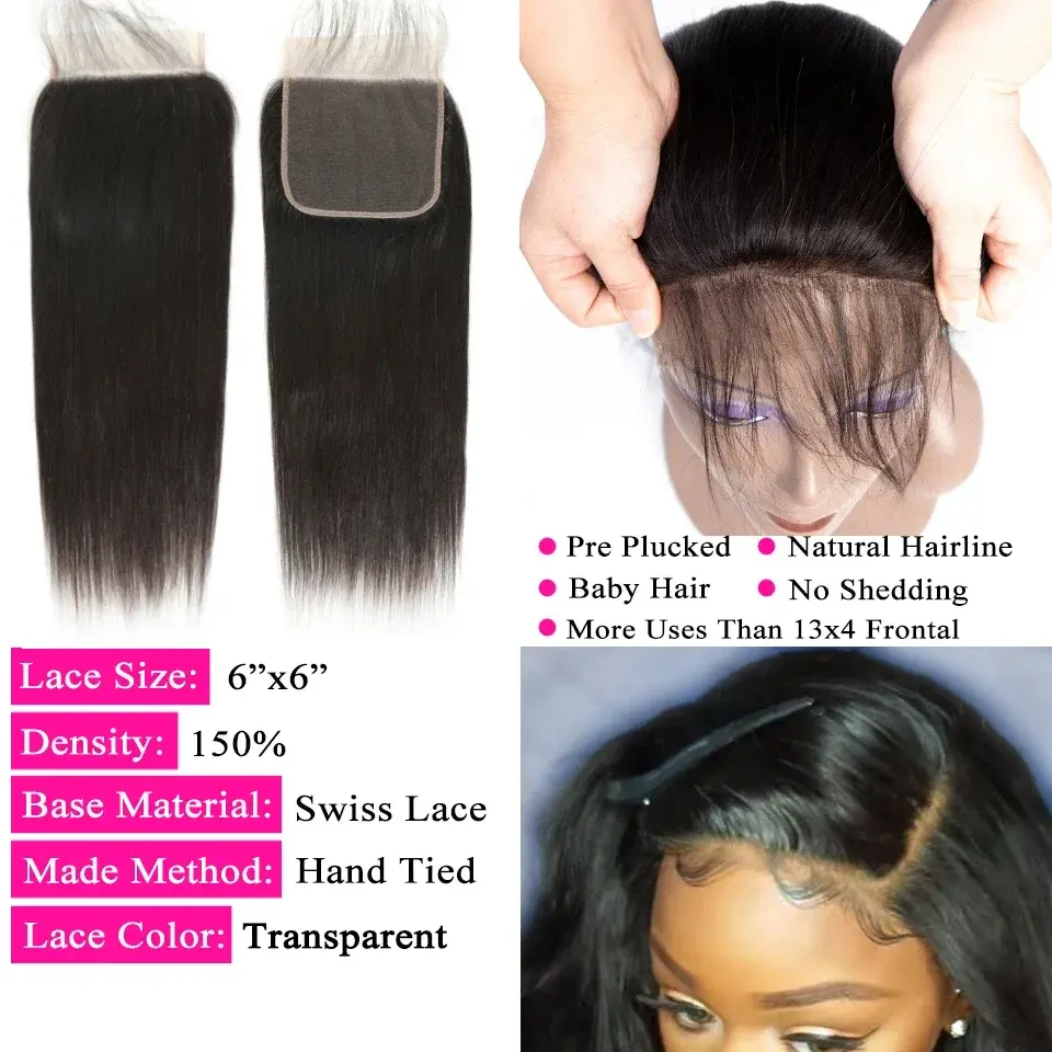 Thumbnail: 6x6 inch hand-tied Swiss lace closure, 150% density, pre-plucked, natural hairline