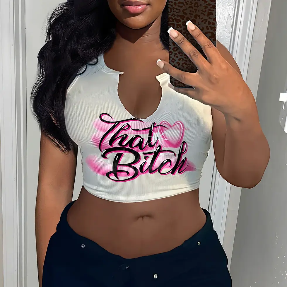 Thumbnail: Woman modeling a "That Bitch" crop top