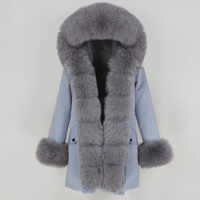 Miniature : Gray hooded parka with fox fur trim