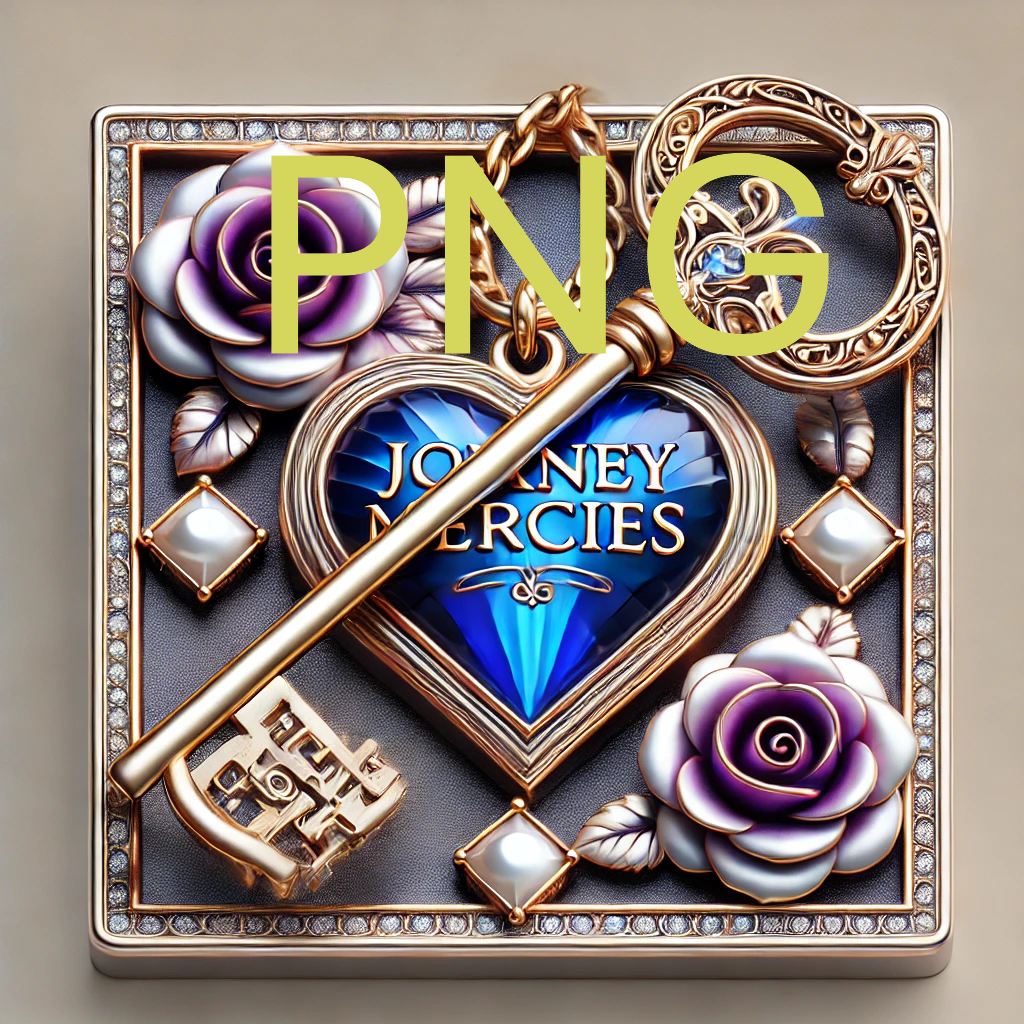 PNG image: ornate key unlocks blue heart, "Journey Mercies"
