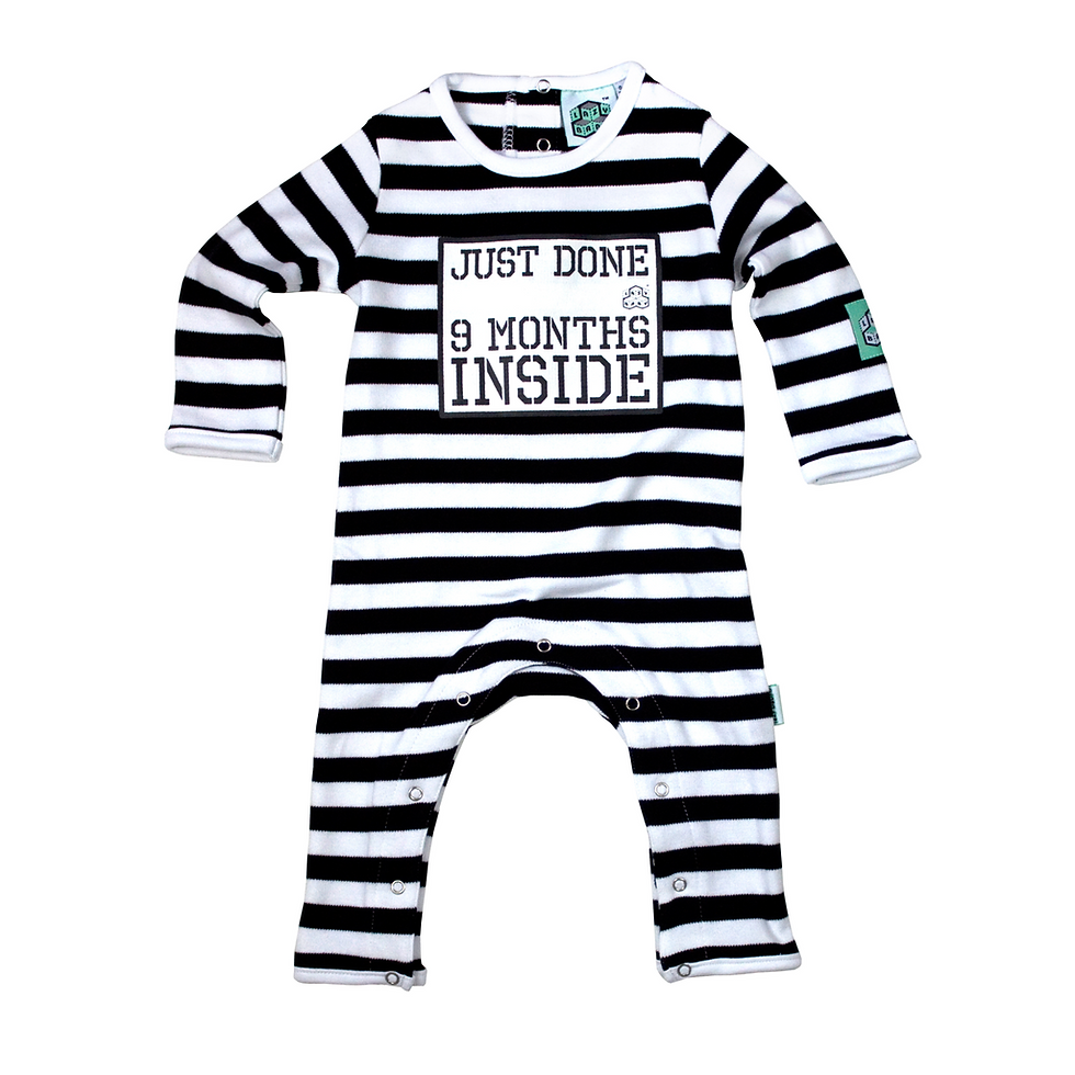 Baby in black and white striped jumpsuit: "Just Done 9 Months Inside"