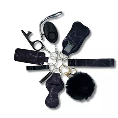 Miniature : Black keychain set: self-defense, bottle opener, alarm