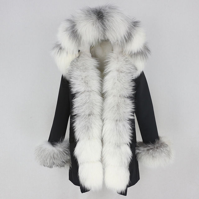 Thumbnail: Black parka with white fox fur trim
