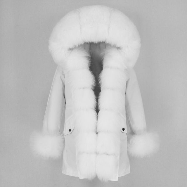 Thumbnail: White hooded fur parka coat