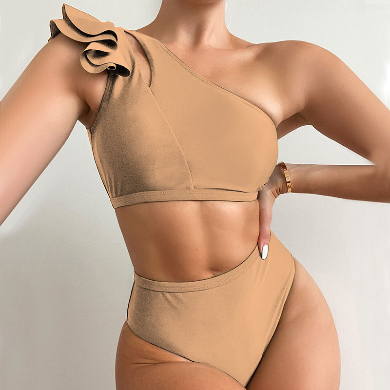 Thumbnail: One-shoulder ruffled tan bikini