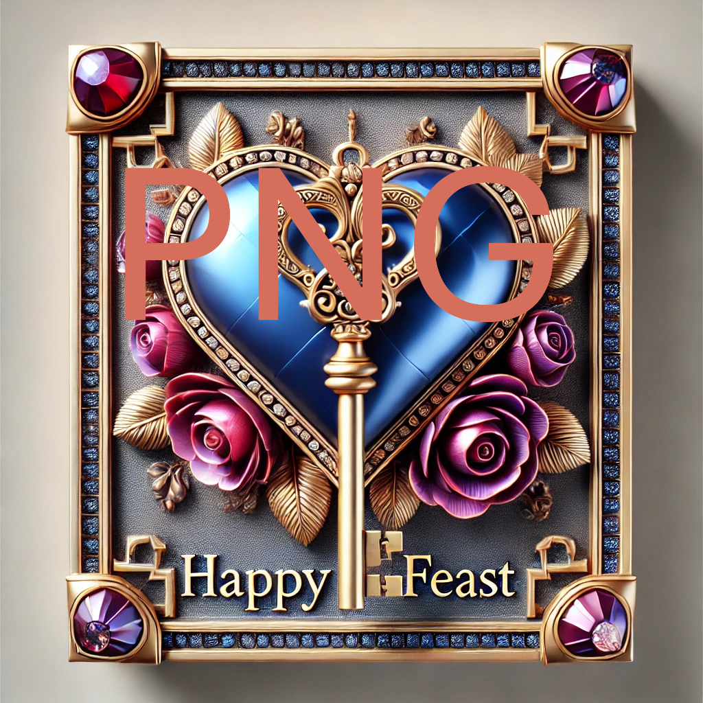 Ornate PNG image: Key in heart, roses, "Happy Feast"
