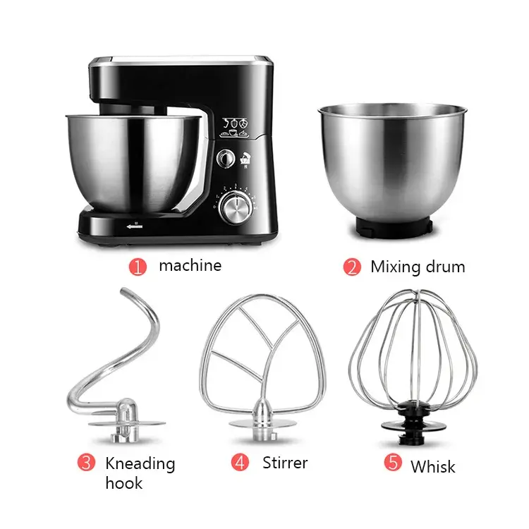 Thumbnail: Black stand mixer with mixing drum, kneading hook, stirrer, and whisk attachments