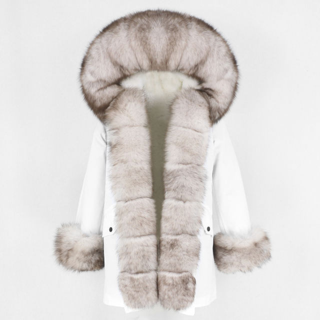 Miniature : White hooded parka with grey fox fur trim