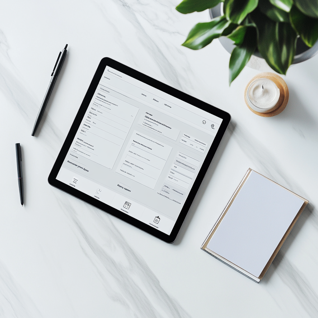 Tablet displaying app interface on marble desk