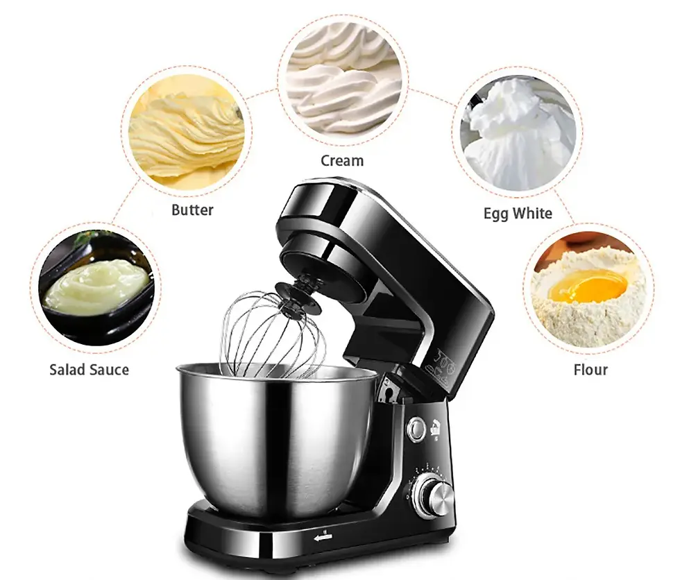 Thumbnail: Black stand mixer with stainless steel bowl, making butter, cream, egg whites, and more