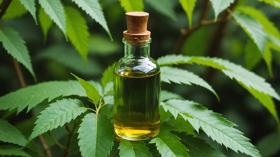 Close-up view of neem oil bottle among green foliage
