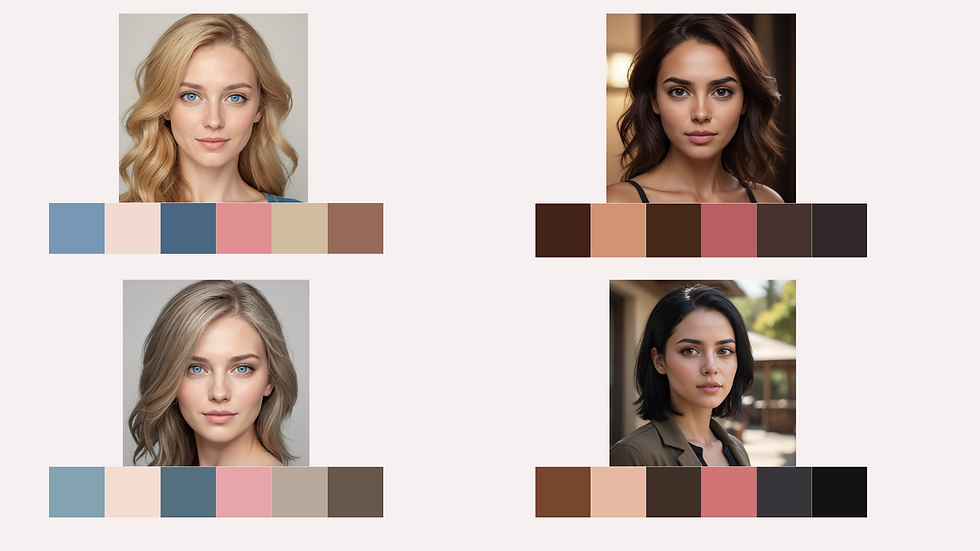 Light Spring, Light Summer, Deep Autumn, Deep Winter color palettes and examples. Color analysis seasons.