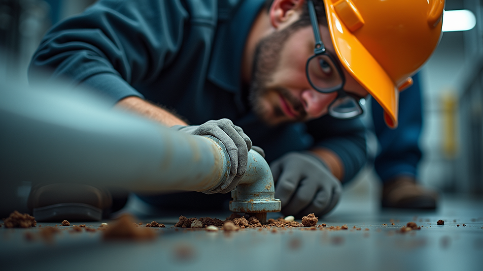 Eye-level view of a professional plumber inspecting a water pipe