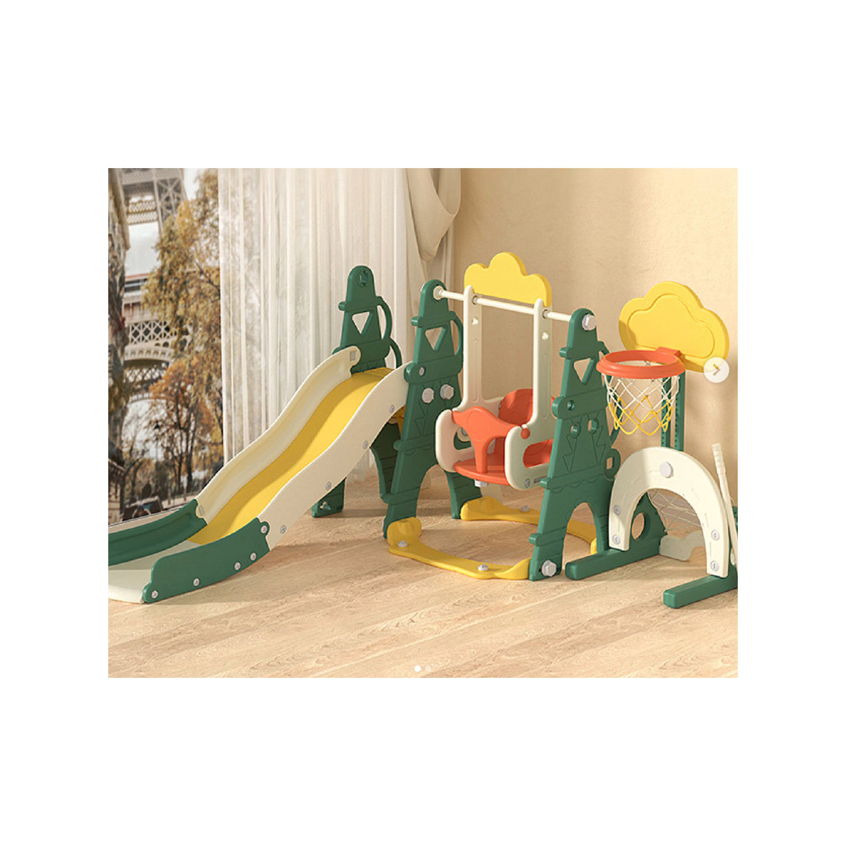 Playground con Tobogan, Columpio, Aro Verde con Amarillo y Naranja