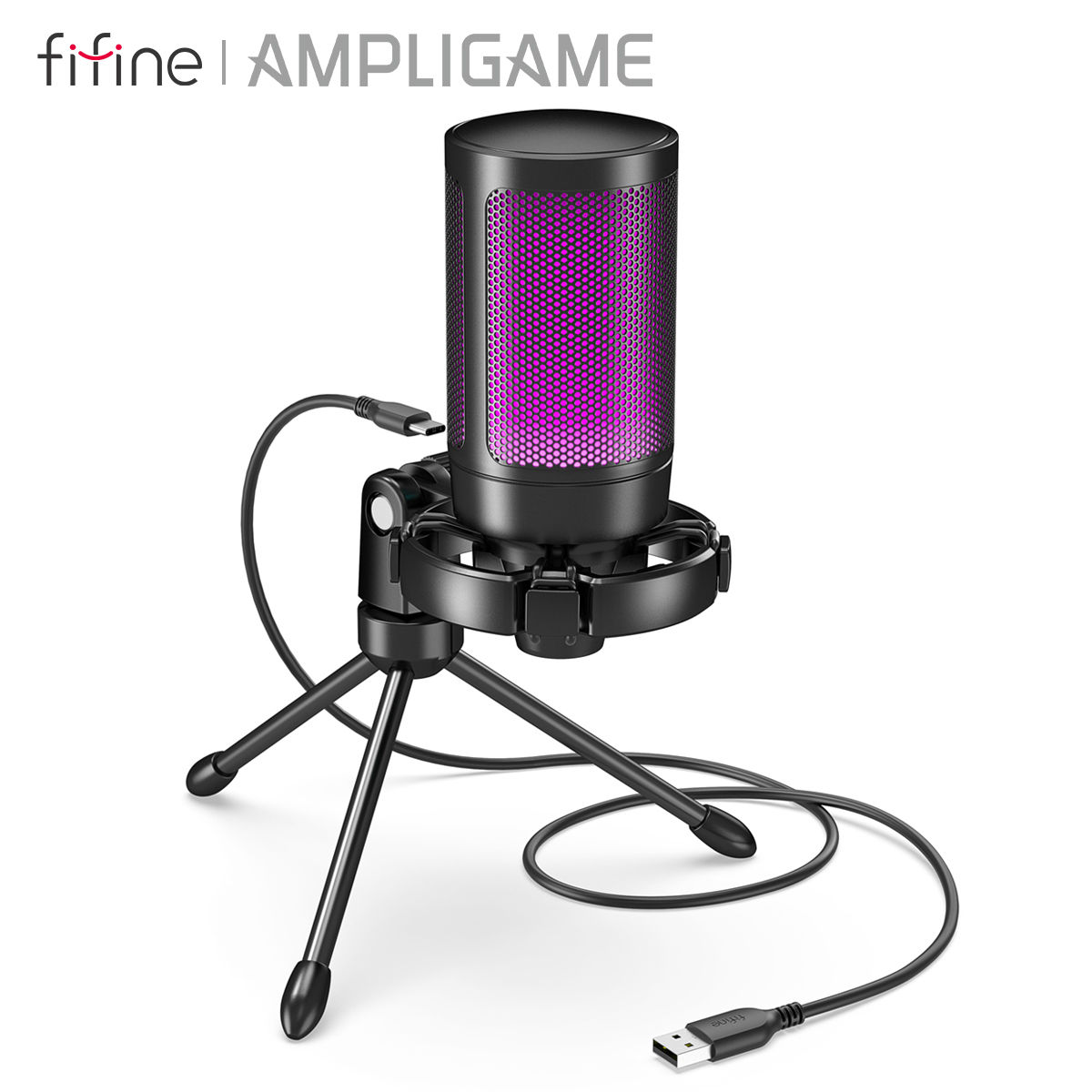 AmpliGame by FIFINE RGB USB Gaming Microphone with Light-touch Mute,Condenser Mi