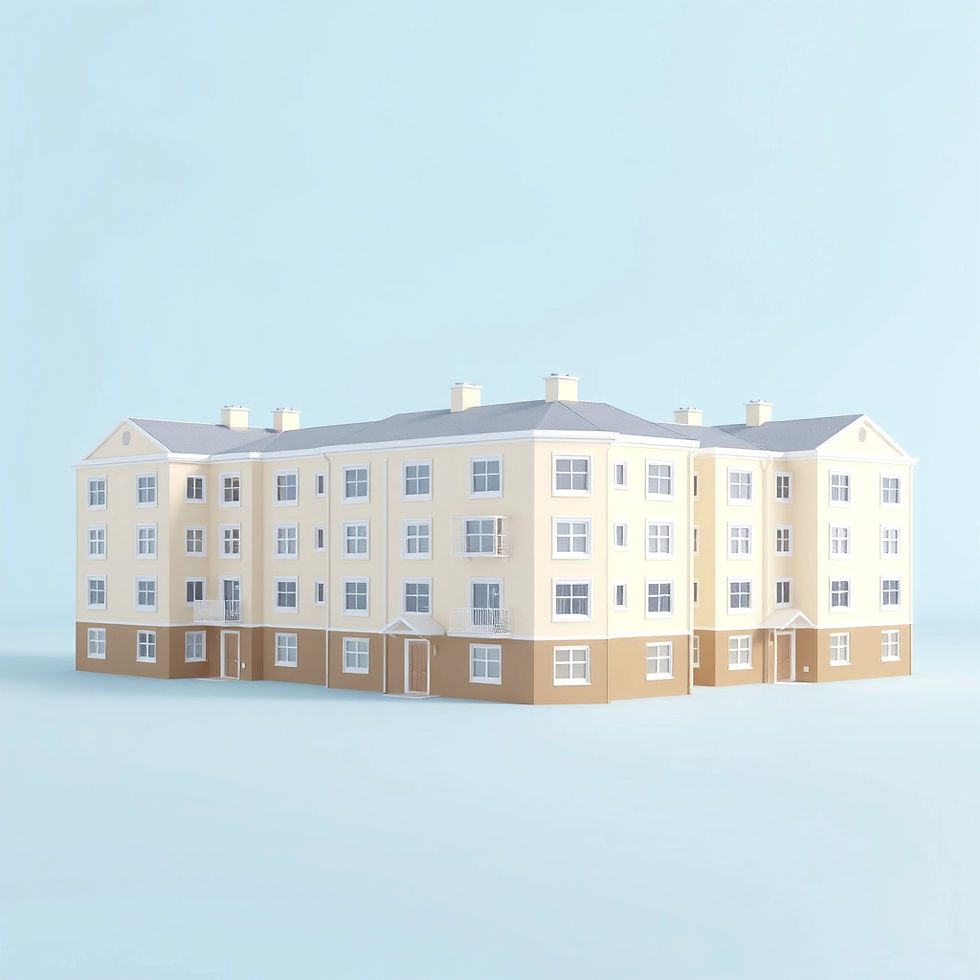 3D render of a modest apartment building or multi-family housing complex, with soft, natur