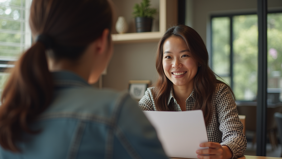 Eye-level view of a happy client sharing their success story