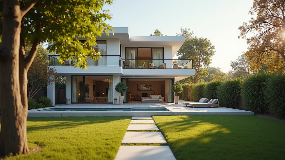 Eye-level view of a modern family home with a spacious backyard