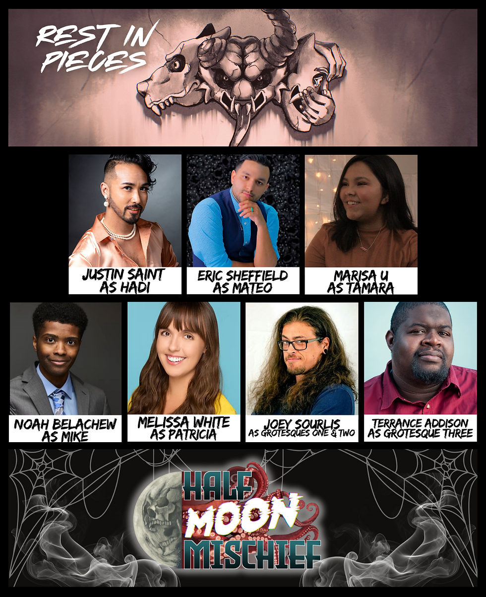 Cast announcement for the audio drama "Half Moon Mischief: Rest in Pieces". The image includes the voice actors' headshots labeled with their name and character role.